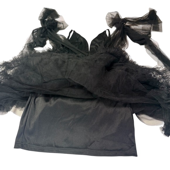 Black Sheer Tulle Ruffle Dress Bow Shoulder Fairy Goth Romantic Aesthetic XS - Picture 7 of 11